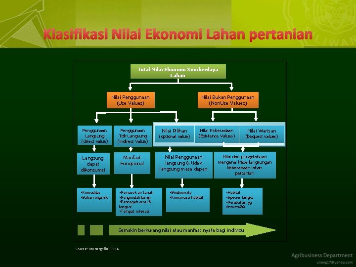 Klasifikasi Nilai Ekonomi Lahan pertanian Total Nilai Ekonomi Sumberdaya Lahan Nilai Penggunaan (Use Values)