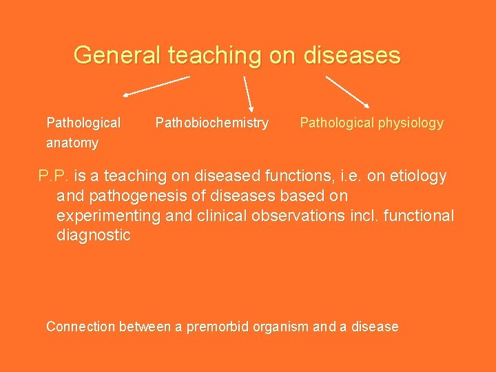 General teaching on diseases Pathological anatomy Pathobiochemistry Pathological physiology P. P. is a teaching