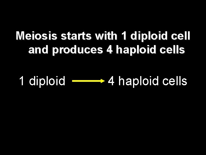 Meiosis starts with 1 diploid cell and produces 4 haploid cells 1 diploid 4