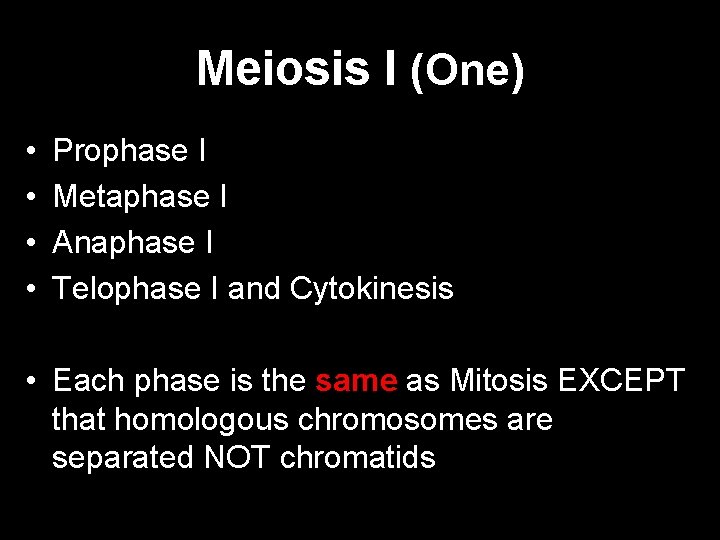 Meiosis I (One) • • Prophase I Metaphase I Anaphase I Telophase I and