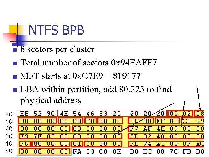 NTFS BPB n n 8 sectors per cluster Total number of sectors 0 x