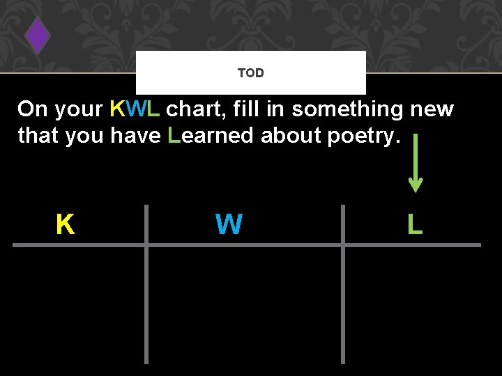 TOD On your KWL chart, fill in something new that you have Learned about