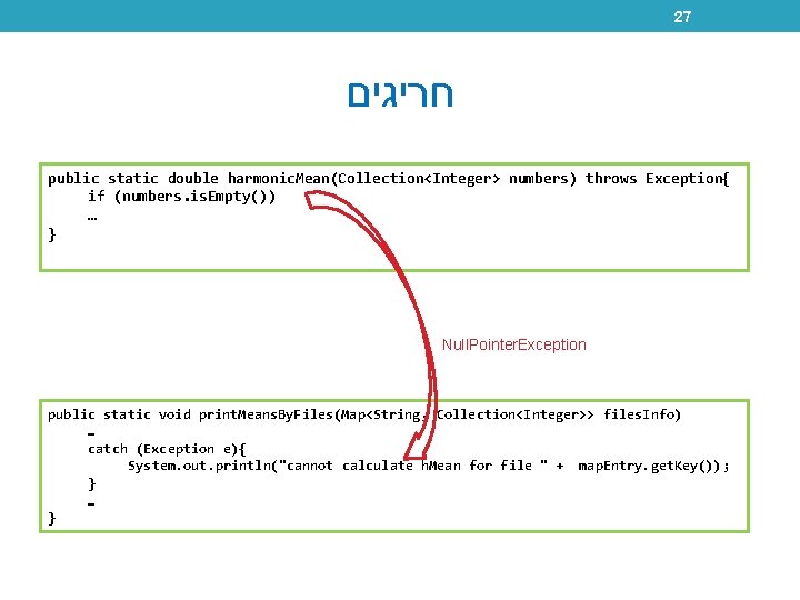 27 חריגים public static double harmonic. Mean(Collection<Integer> numbers) throws Exception{ if (numbers. is. Empty())