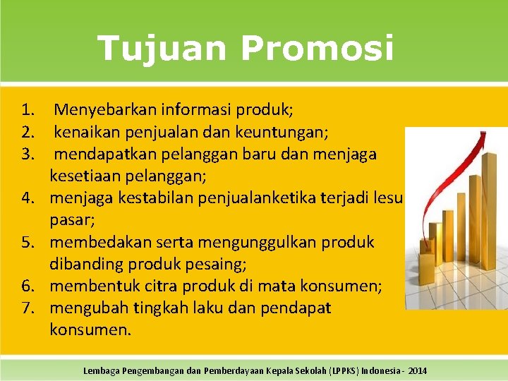 Tujuan Promosi 1. Menyebarkan informasi produk; 2. kenaikan penjualan dan keuntungan; 3. mendapatkan pelanggan