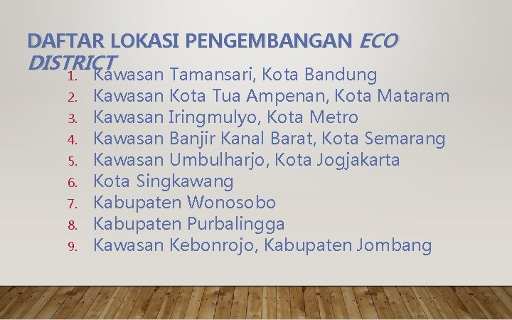 DAFTAR LOKASI PENGEMBANGAN ECO DISTRICT 1. 2. 3. 4. 5. 6. 7. 8. 9.