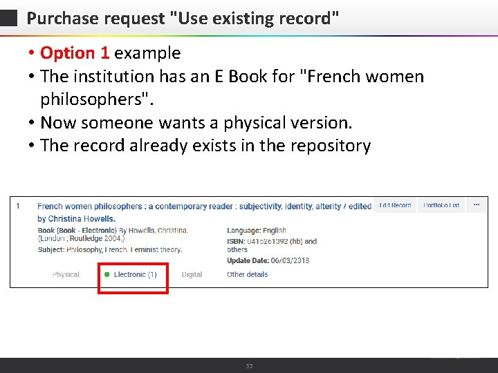 Purchase request "Use existing record" • Option 1 example • The institution has an