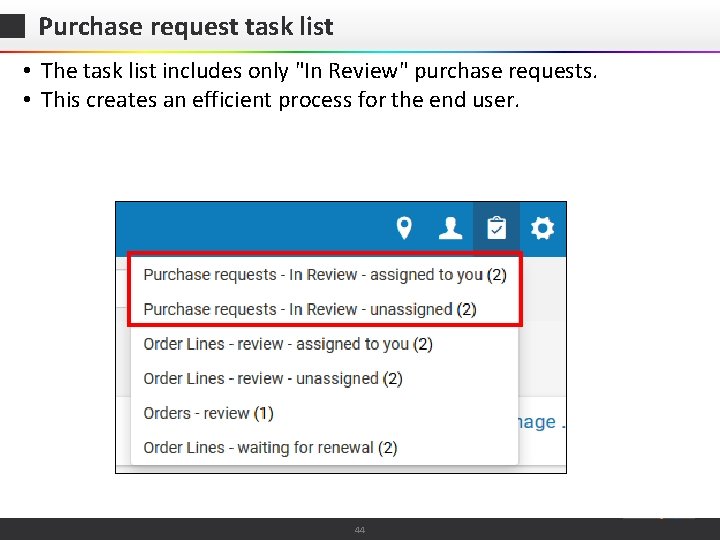 Purchase request task list • The task list includes only "In Review" purchase requests.
