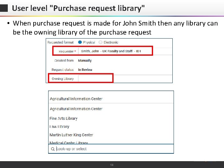 User level "Purchase request library" • When purchase request is made for John Smith