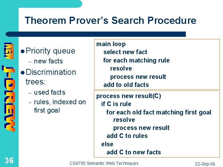 Theorem Prover’s Search Procedure l Priority – queue new facts l Discrimination trees: –