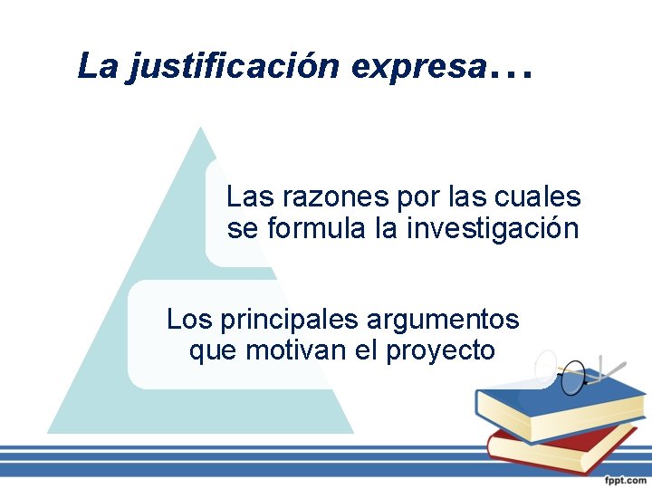 La justificación expresa… Las razones por las cuales se formula la investigación Los principales