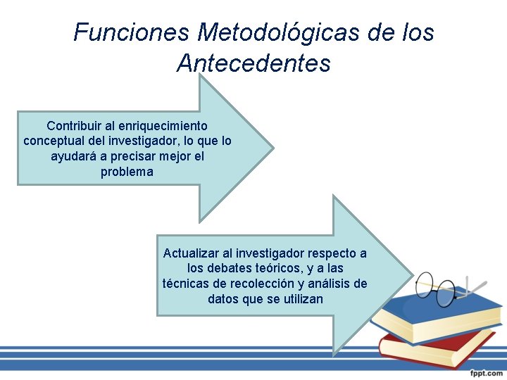 Funciones Metodológicas de los Antecedentes Contribuir al enriquecimiento conceptual del investigador, lo que lo