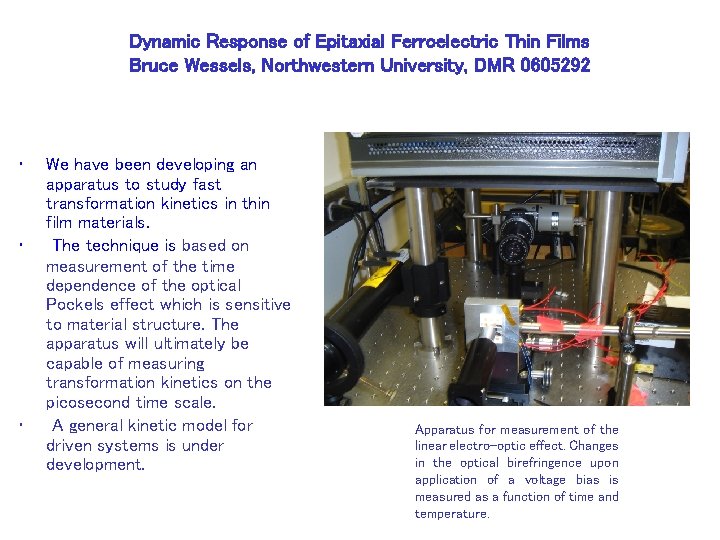 Dynamic Response of Epitaxial Ferroelectric Thin Films Bruce Wessels, Northwestern University, DMR 0605292 •