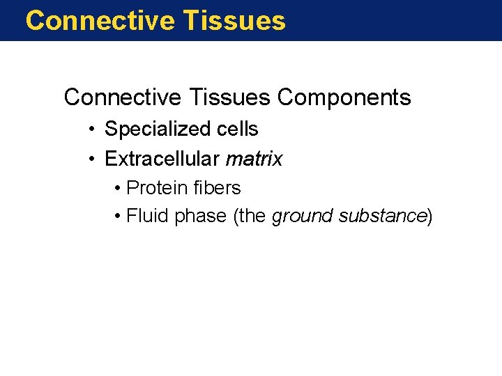 Connective Tissues Components • Specialized cells • Extracellular matrix • Protein fibers • Fluid