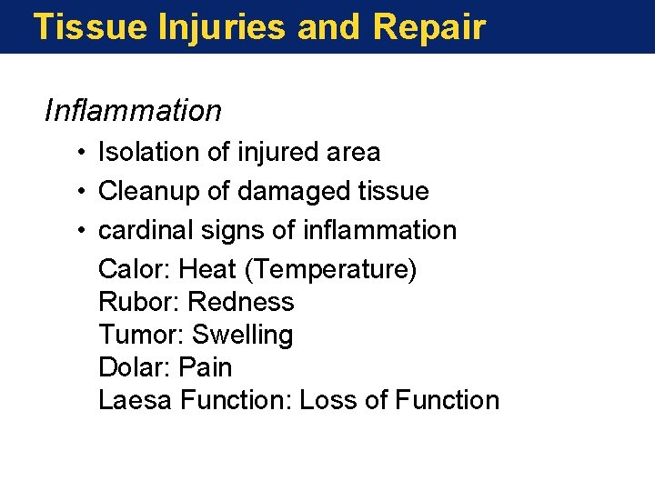 Tissue Injuries and Repair Inflammation • Isolation of injured area • Cleanup of damaged