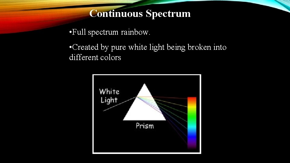 Continuous Spectrum • Full spectrum rainbow. • Created by pure white light being broken