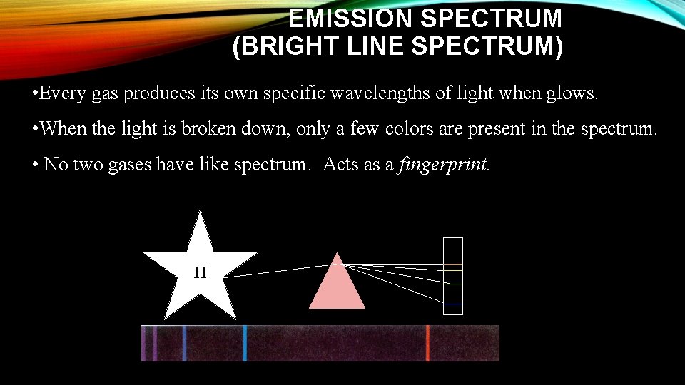 EMISSION SPECTRUM (BRIGHT LINE SPECTRUM) • Every gas produces its own specific wavelengths of
