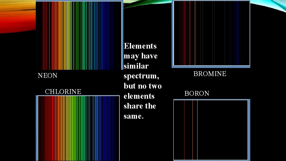 NEON CHLORINE Elements may have similar spectrum, but no two elements share the same.