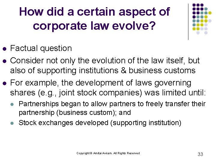How did a certain aspect of corporate law evolve? l l l Factual question