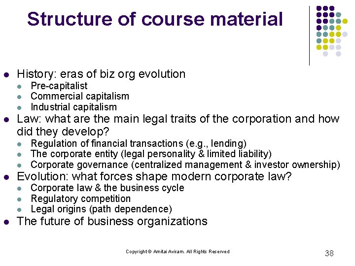 Structure of course material l History: eras of biz org evolution l l Law: