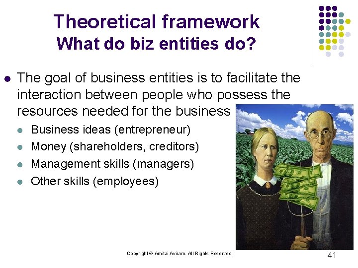 Theoretical framework What do biz entities do? l The goal of business entities is