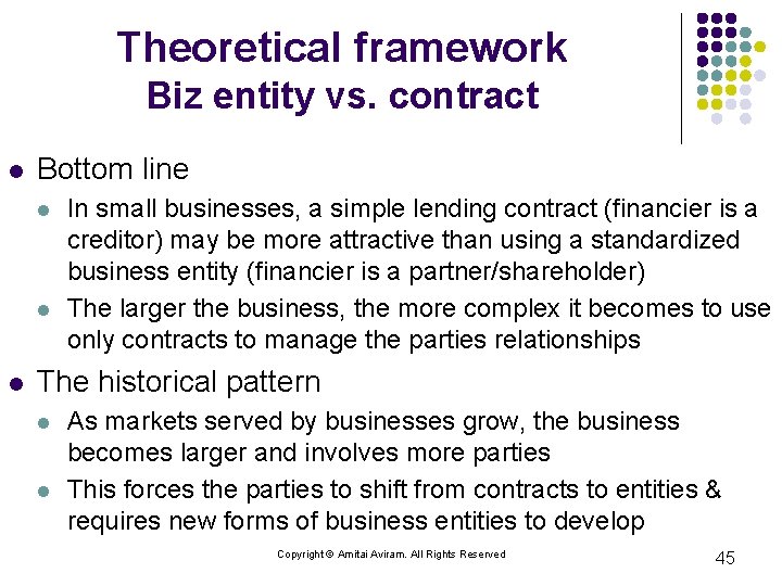 Theoretical framework Biz entity vs. contract l Bottom line l l l In small