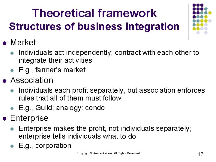 Theoretical framework Structures of business integration l Market l l l Association l l