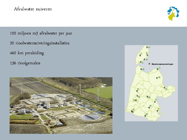 Afvalwater zuiveren 100 miljoen m 3 afvalwater per jaar 20 rioolwaterzuiveringsinstallaties 460 km persleiding