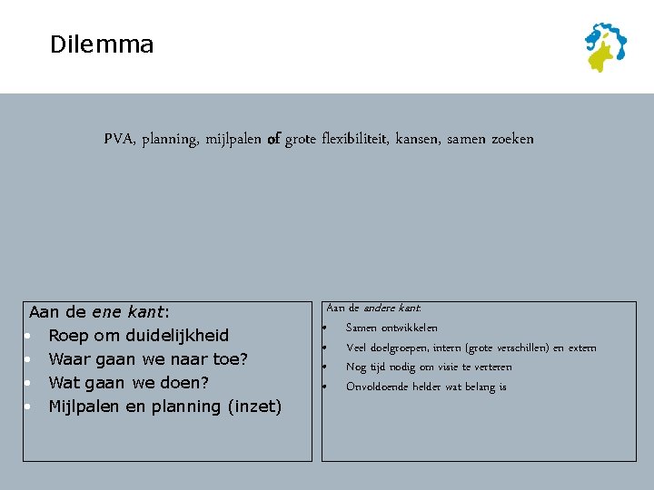 Dilemma PVA, planning, mijlpalen of grote flexibiliteit, kansen, samen zoeken Aan de ene kant: