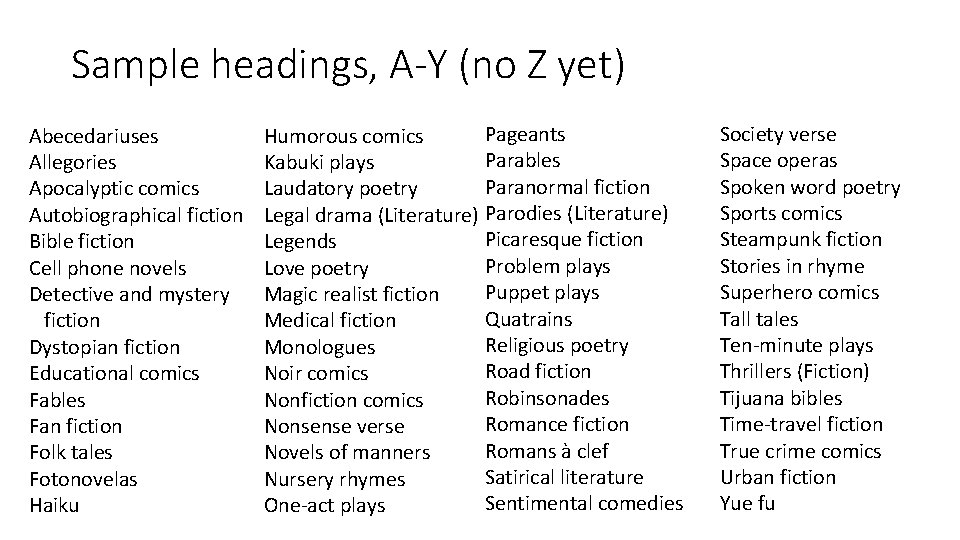 Sample headings, A-Y (no Z yet) Abecedariuses Allegories Apocalyptic comics Autobiographical fiction Bible fiction