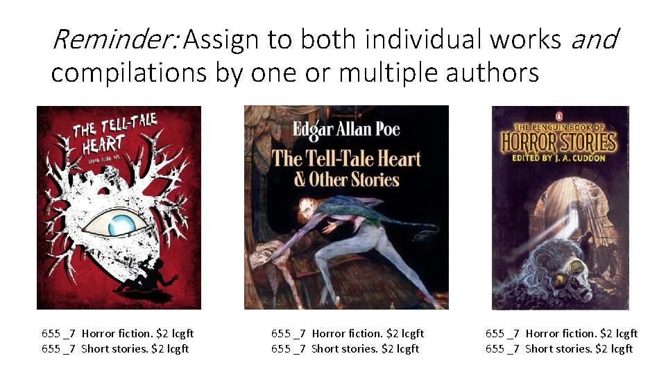 Reminder: Assign to both individual works and compilations by one or multiple authors 655