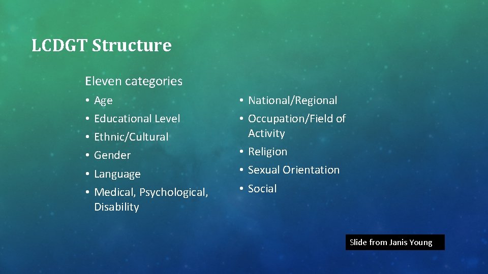 LCDGT Structure Eleven categories • • • Age Educational Level Ethnic/Cultural Gender Language Medical,