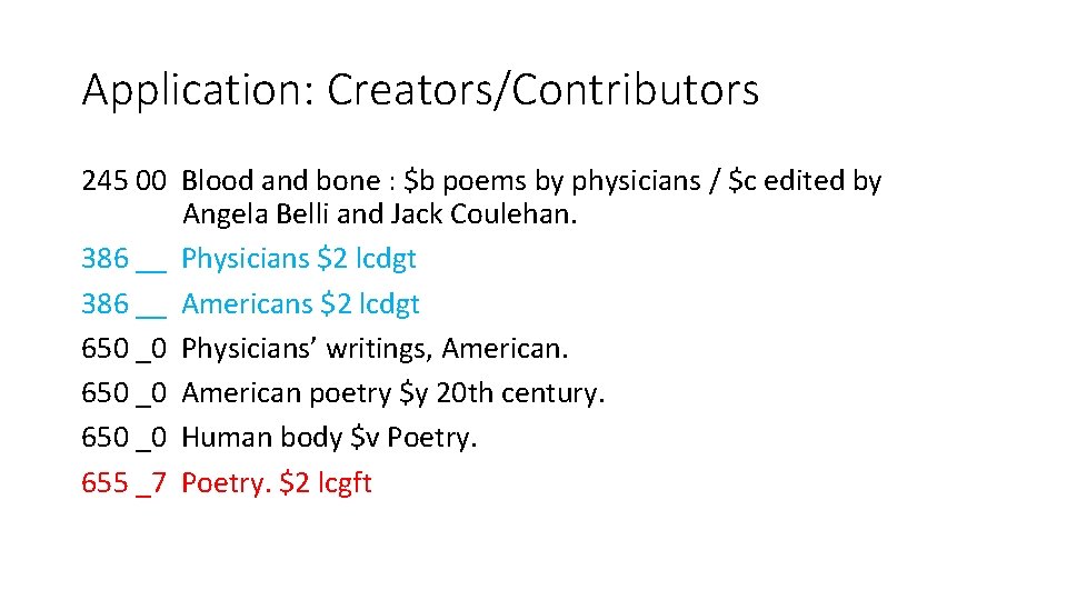 Application: Creators/Contributors 245 00 Blood and bone : $b poems by physicians / $c