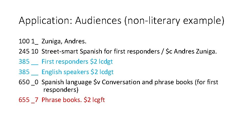 Application: Audiences (non-literary example) 100 1_ 245 10 385 __ 650 _0 Zuniga, Andres.