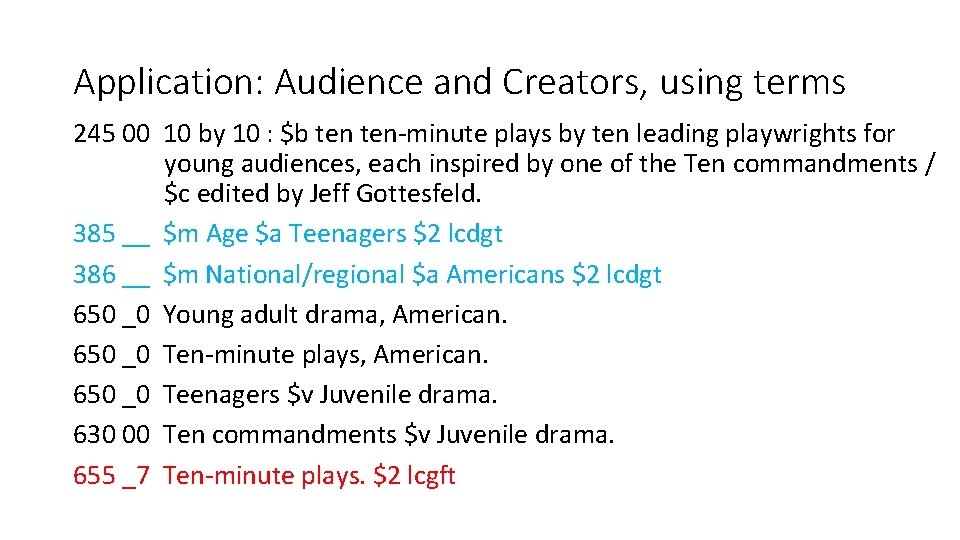 Application: Audience and Creators, using terms 245 00 10 by 10 : $b ten-minute