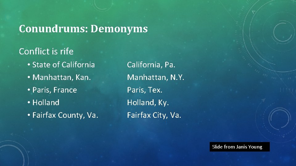 Conundrums: Demonyms Conflict is rife • State of California • Manhattan, Kan. • Paris,