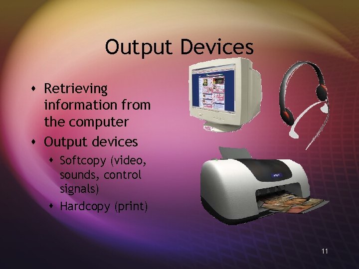 Output Devices s Retrieving information from the computer s Output devices s Softcopy (video,