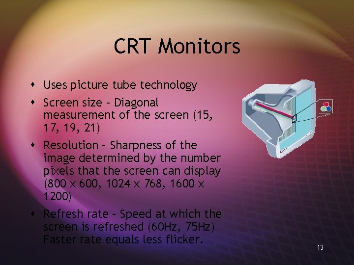 CRT Monitors s Uses picture tube technology s Screen size – Diagonal measurement of