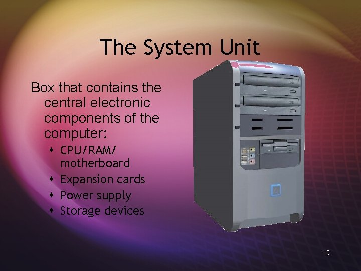 The System Unit Box that contains the central electronic components of the computer: s