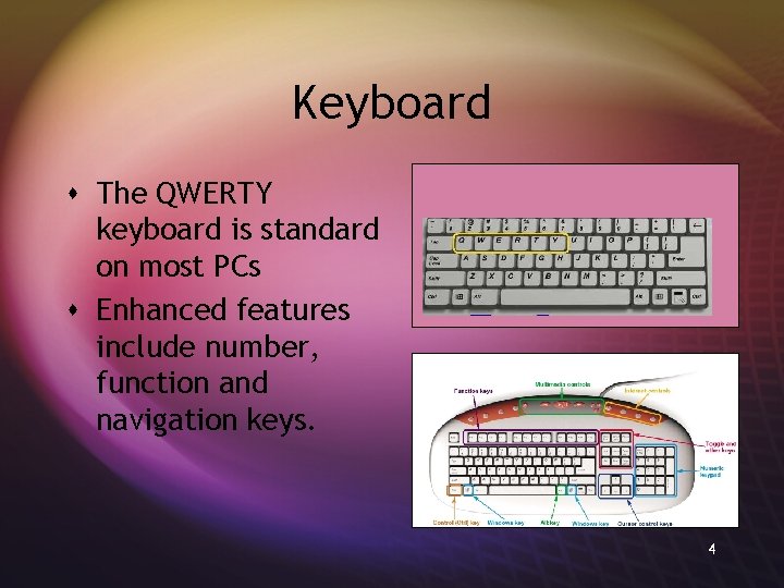 Keyboard s The QWERTY keyboard is standard on most PCs s Enhanced features include