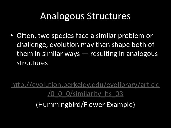 Analogous Structures • Often, two species face a similar problem or challenge, evolution may