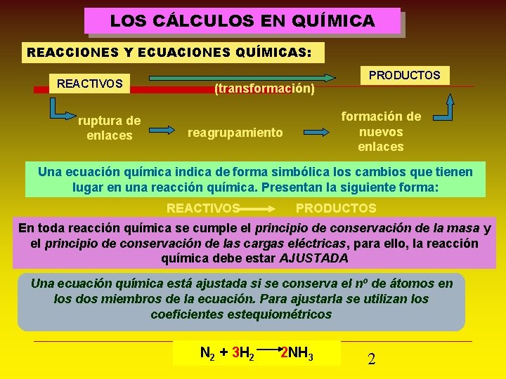 LOS CÁLCULOS EN QUÍMICA REACCIONES Y ECUACIONES QUÍMICAS: REACTIVOS ruptura de enlaces (transformación) PRODUCTOS