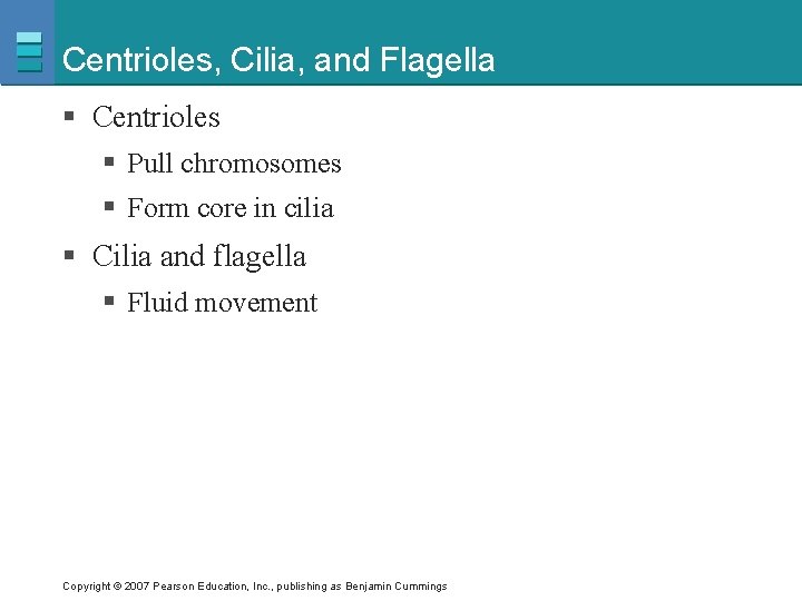Centrioles, Cilia, and Flagella § Centrioles § Pull chromosomes § Form core in cilia