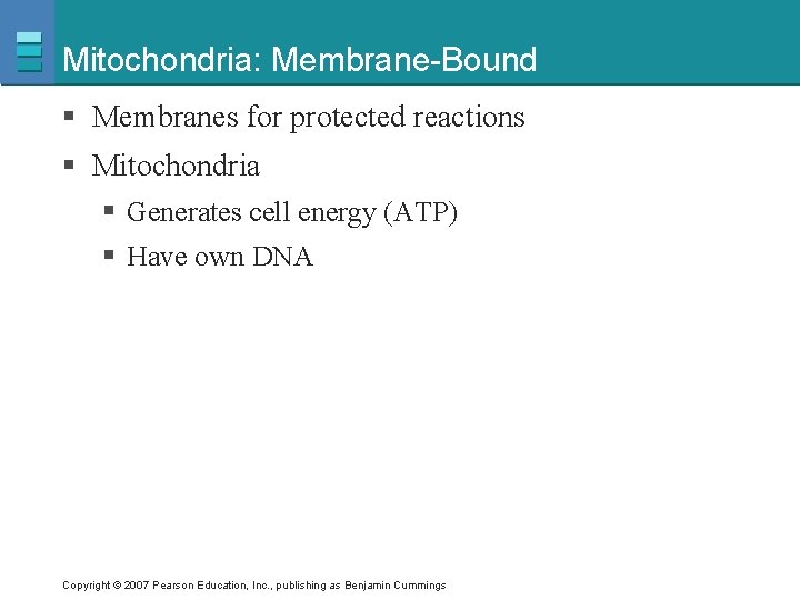 Mitochondria: Membrane-Bound § Membranes for protected reactions § Mitochondria § Generates cell energy (ATP)