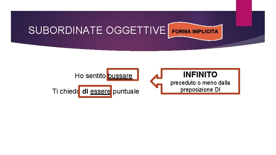 SUBORDINATE OGGETTIVE Ho sentito bussare Ti chiedo di essere puntuale FORMA IMPLICITA INFINITO preceduto