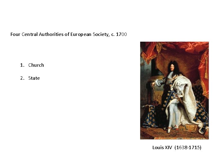 Four Central Authorities of European Society, c. 1700 1. Church 2. State Louis XIV