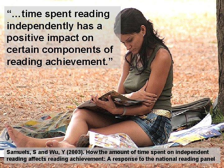 “…time spent reading independently has a positive impact on certain components of reading achievement.