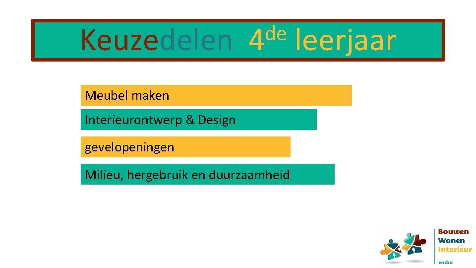 Keuzedelen de 4 Meubel maken Interieurontwerp & Design gevelopeningen Milieu, hergebruik en duurzaamheid leerjaar