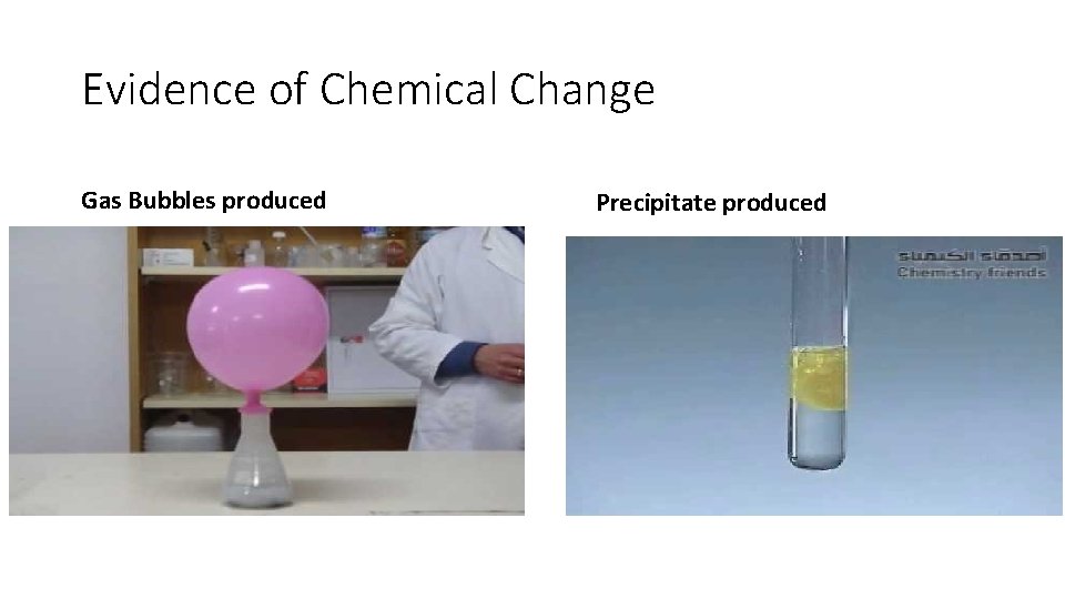 Evidence of Chemical Change Gas Bubbles produced Precipitate produced 
