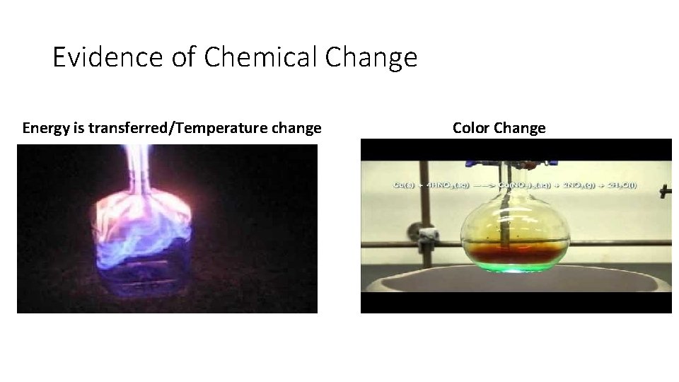 Evidence of Chemical Change Energy is transferred/Temperature change Color Change 