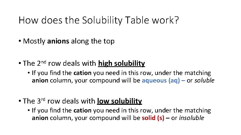How does the Solubility Table work? • Mostly anions along the top • The